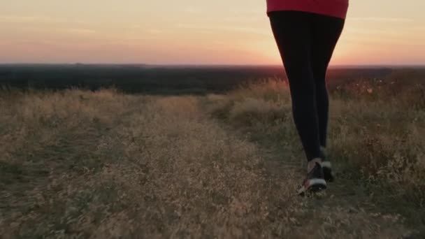 De benen van een vrouw die bij zonsondergang rent. Volg schot. — Stockvideo