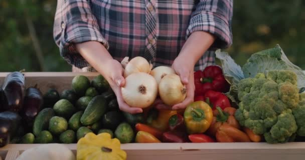 Bir çiftçi, çiftçi pazarında soğan soğanı taşır. Yerel çiftçilerden sebzeler — Stok video