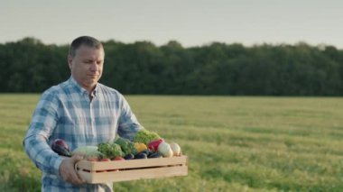 Olgun çiftçi omuzunda bir kutu sebze taşır.