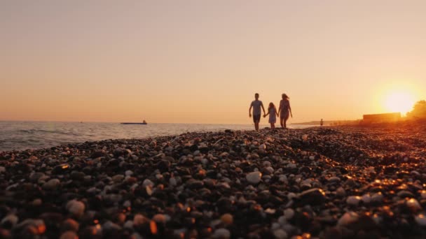 Famille avec un enfant marchant au coucher du soleil au bord de la mer, se relaxant ensemble dans une station balnéaire — Video