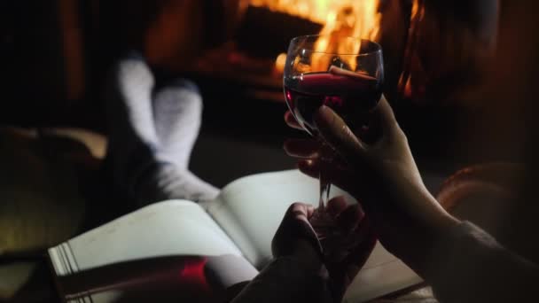 Woman sitting by the fireplace with a notebook and a glass of red wine — Stock Video