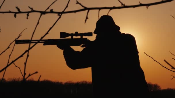 Silhouette d'un chasseur, chasse un gibier dans la forêt, vise — Video