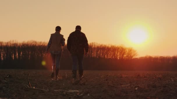 Πίσω όψη δύο αγροτών, ένας άντρας και μια γυναίκα περπατούν σε ένα οργωμένο χωράφι, μιλώντας — Αρχείο Βίντεο