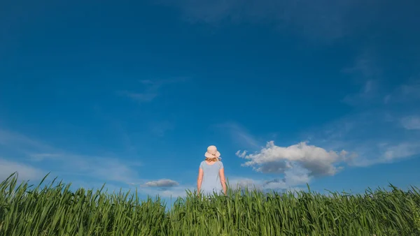 Uma mulher está em um prado verde contra um belo céu azul com nuvens — Fotografia de Stock