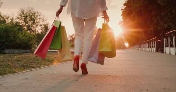 Une femme en chaussures rouges porte des sacs avec des achats à la mode. Vue arrière — Video