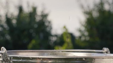 Çilekler bir kova suya düşer. Yavaş çekim videosu