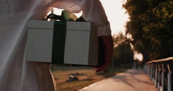 Vista trasera: Un hombre lleva una caja maravillosamente embalada con un regalo, camina por la calle bajo el sol — Vídeo de stock