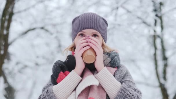 Uma mulher em roupas quentes bebe uma bebida quente em uma floresta nevada — Vídeo de Stock