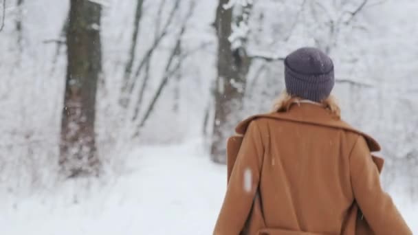 Glückliche Frau genießt Spaziergang im Winterpark — Stockvideo