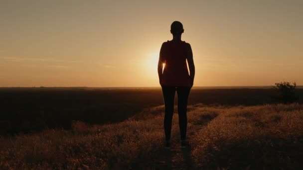 Femme mince se tient dans un endroit pittoresque, sur sa silhouette brille le soleil couchant — Video