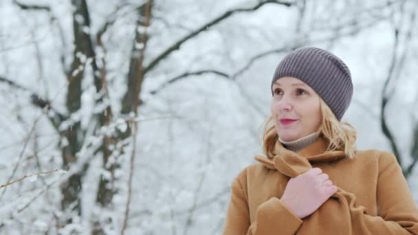 Retrato de una mujer con un abrigo marrón de pie en un hermoso parque cubierto de nieve — Vídeos de Stock