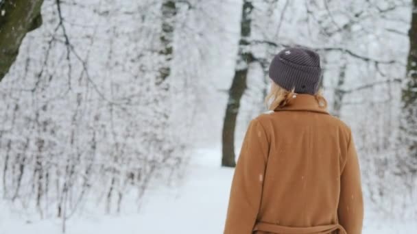 Eine Frau im warmen klassischen Mantel geht durch den Winterwald — Stockvideo