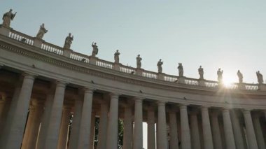 Vatikan 'ın St. Peters Meydanı' nda sabah güneşiyle aydınlatılmış heykelleri olan bir koloni..