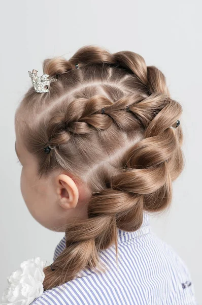 festive hairstyle from braid on a girl with long hair back view