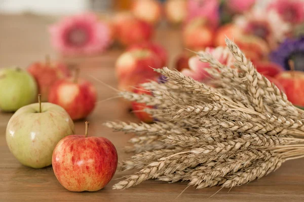 Natural products of nature. Red apples and ears of wheat
