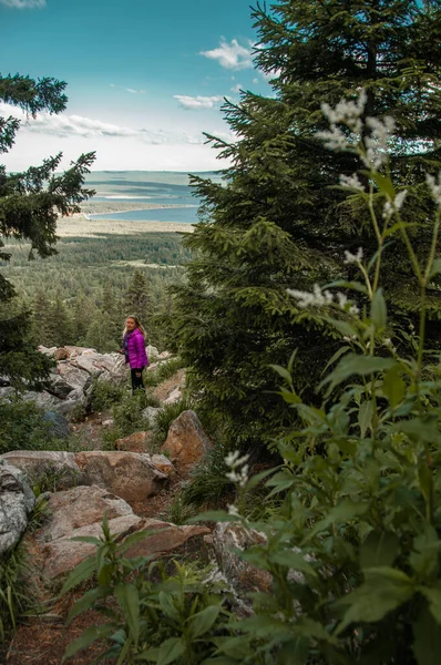 Mulher Turística Stot Topo Uma Montanha Uma Floresta Coníferas Olha — Fotografia de Stock