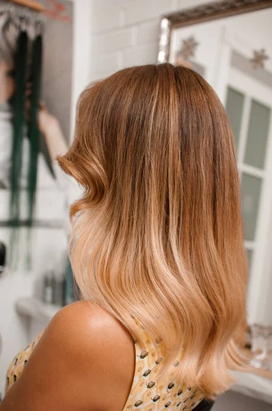 在美容院里 一个棕色头发的女人的画像 她的后背有一头优雅的长发 呈波浪形 — 图库照片
