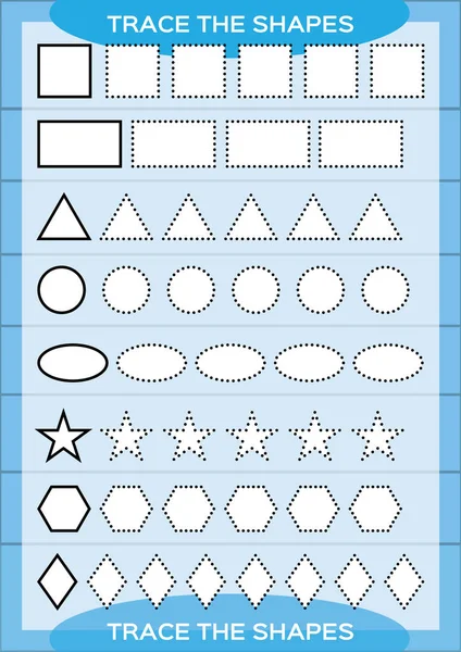 Trace the shapes. Kids education. Preschool worksheet. Basic writing. Kids doing worksheets. Fine motor skills. White shapes and blue background. Square, rectangle, circle e.t.c Vector