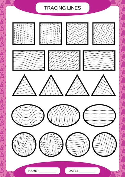 Tracing Lines. Kids education. Preschool worksheet. Basic writing. Kids doing worksheets. Fine motor skills. Waves and zigzag lines. Purple background. Square, circle triangle Vector