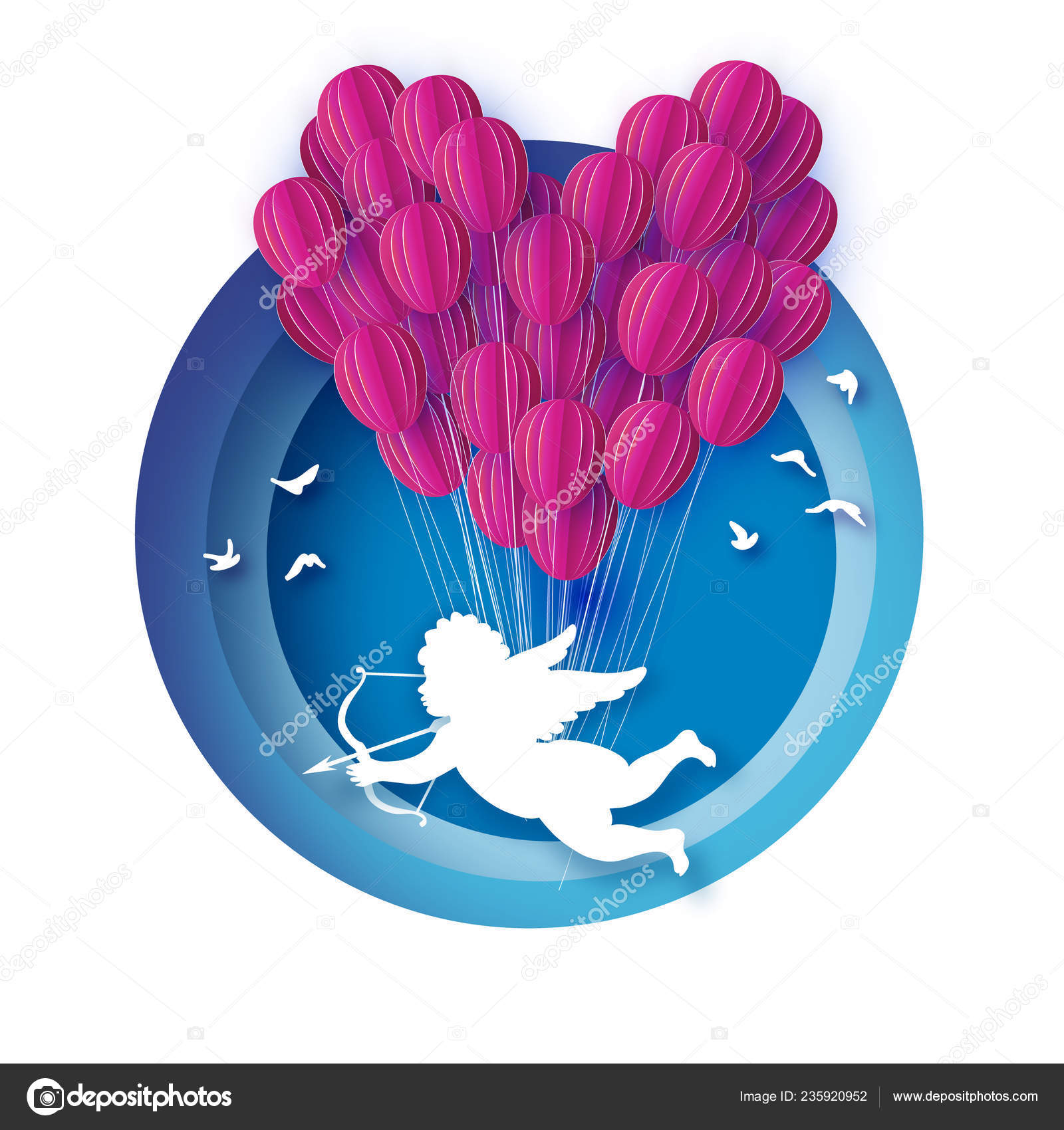 Flying Cupid Little Angel Love Pink Heart In Paper Cut Style Origami Little Boy Cherub Bow