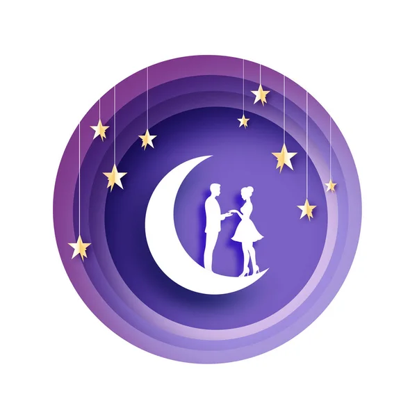 Fall in Love. Moon. White Romantic lovers. Gold metal Paper Stars. paper cut style. Happy Valentine day. Romantic Holidays. 14 February. Honeymoon. Purple night sky. Circle frame.