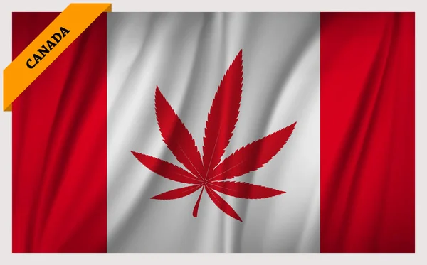 Ondeando Bandera Canadá Con Hoja Cannabis Posición Central — Vector de stock
