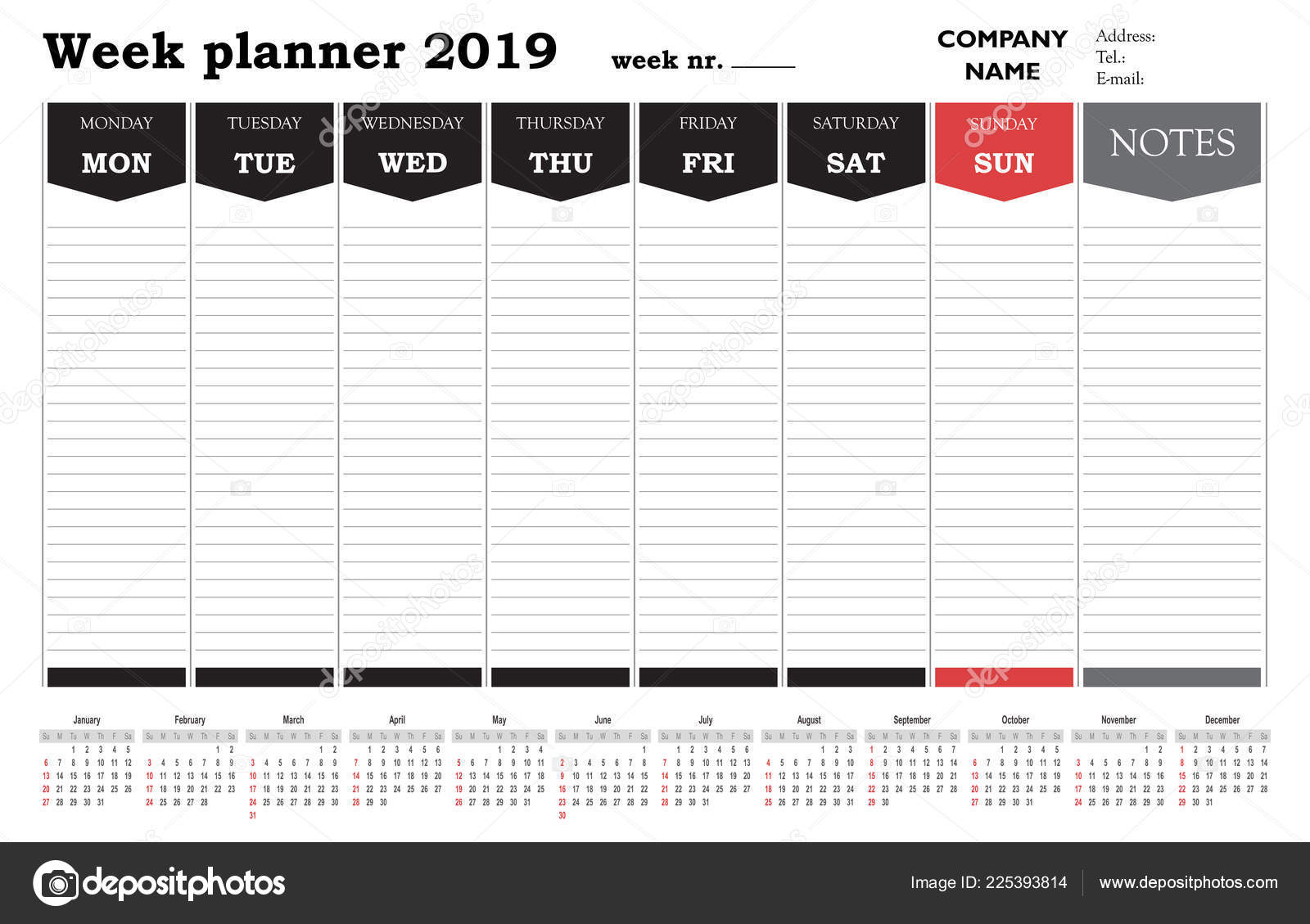 Week Planner 2019 Calendar Organizer Private Use Stock Vector Image by ©Vectorscore #225393814
