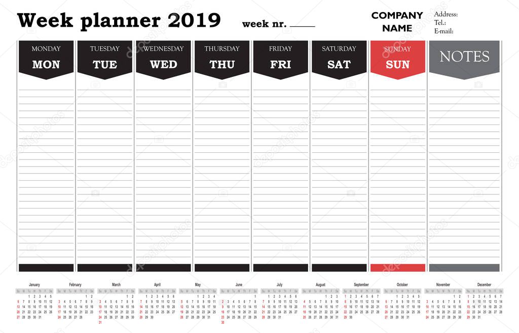 Week planner 2019 calendar, schedule and organizer for companies and private use
