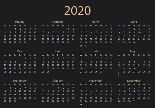 Enkel 2020 Månadskalender Planerare Och Schema — Stock vektor