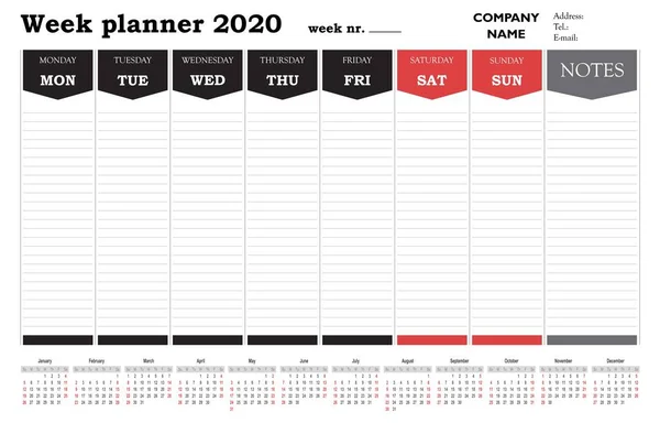 Veckoplanerare 2020 Kalender Tidsplan Och Arrangör För Företag Och Privat — Stock vektor