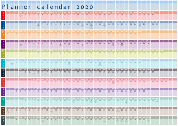 2020 Planerare Kalender Arrangör Och Schema Med Semesterdagar Inlagda Inuti — Stock vektor