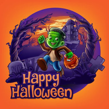 mutlu Cadılar Bayramı illüstrasyon canavar çocukla