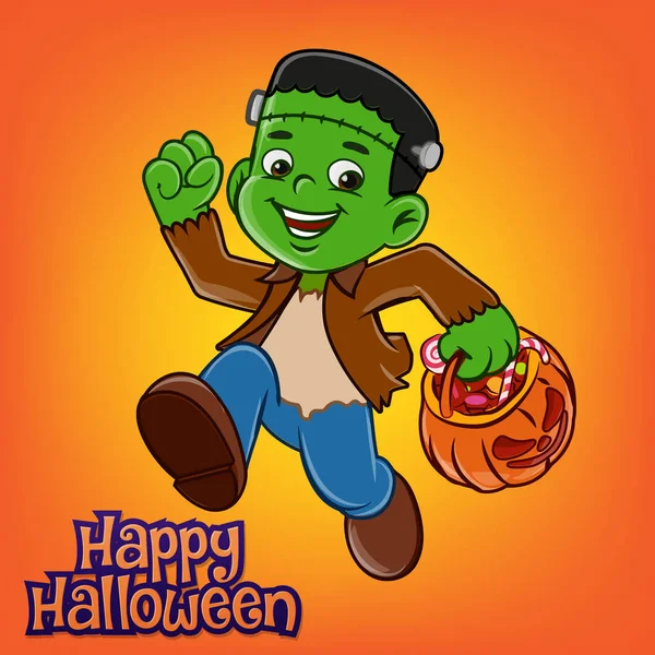 Enfant Halloween Avec Illustration Lanterne Citrouille — Image vectorielle