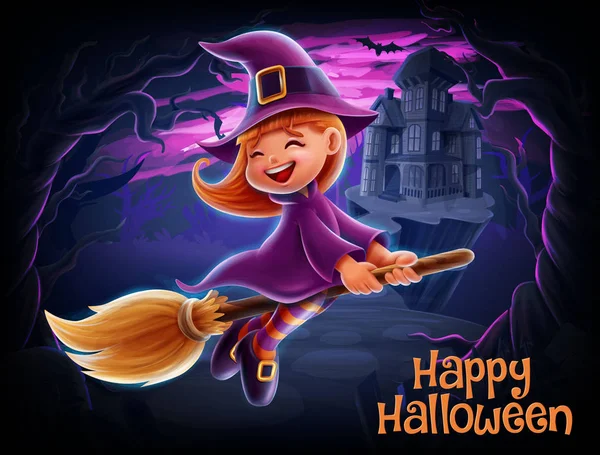 Banner Halloween Con Simpatica Strega Sulla Scopa — Vettoriale Stock