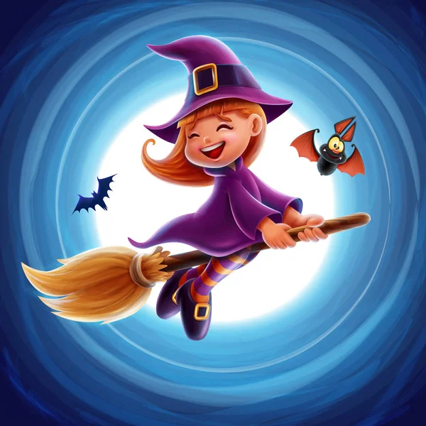 Banner Halloween Cute Witch Broom — Stock Vector