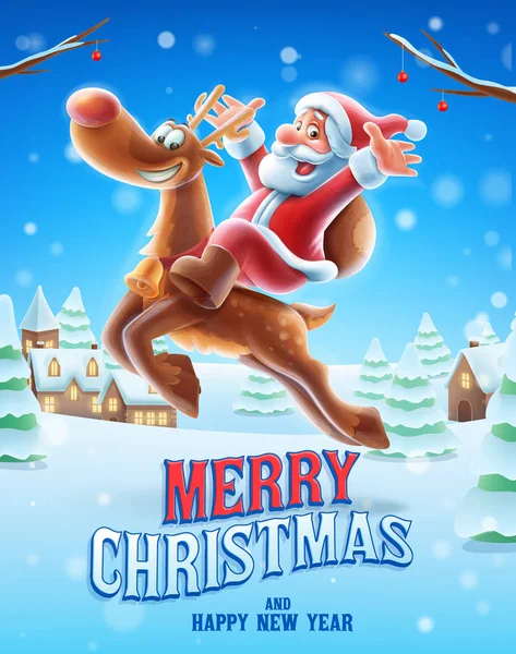 Merry Christmas Banner Met Kerstman Herten Vectorillustratie — Stockvector