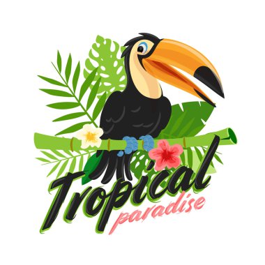 Tropikal poster egzotik bitkiler, dal üzerinde oturan toucan