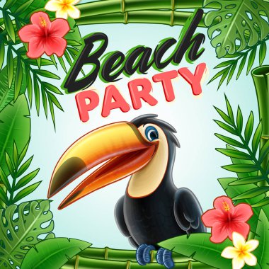 Plaj partisi poster egzotik yaprakları ve toucan