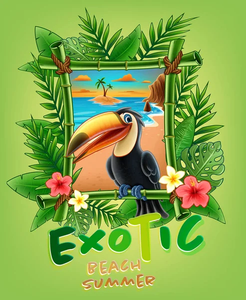 Exotisches Strandposter Mit Exotischen Blättern Und Tukan — Stockvektor