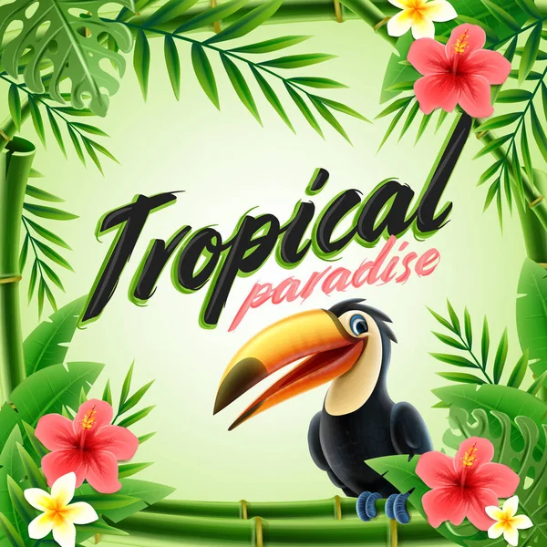 Egzotik Yaprakları Toucan Yapılmış Tropik Cennet Çerçeve — Stok Vektör