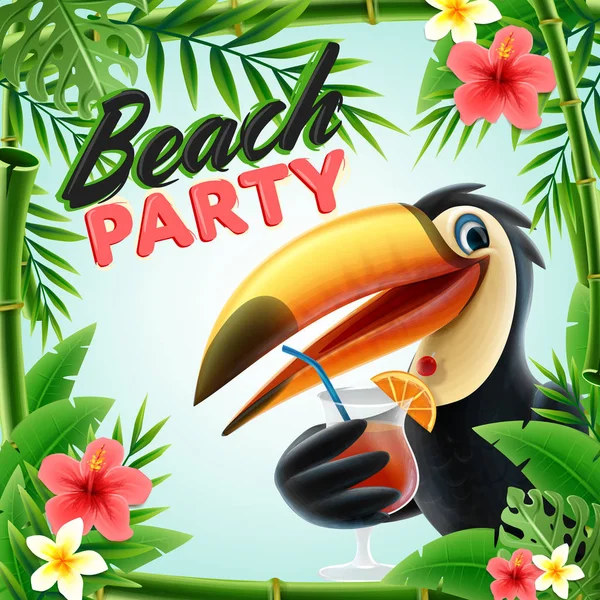 由异国情调的树叶和喝着鸡尾酒制成的热带海滩派对 — 图库矢量图片