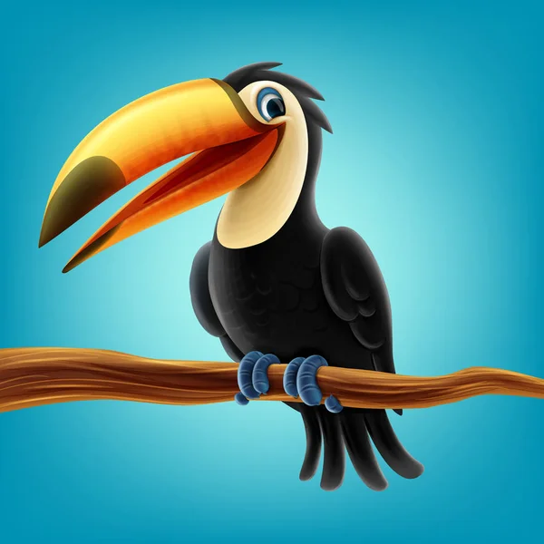 Γελοιογραφία Toucan Πουλί Κάθεται Στο Υποκατάστημα Μπλε Φόντο Αντίγραφο Χώρου — Διανυσματικό Αρχείο