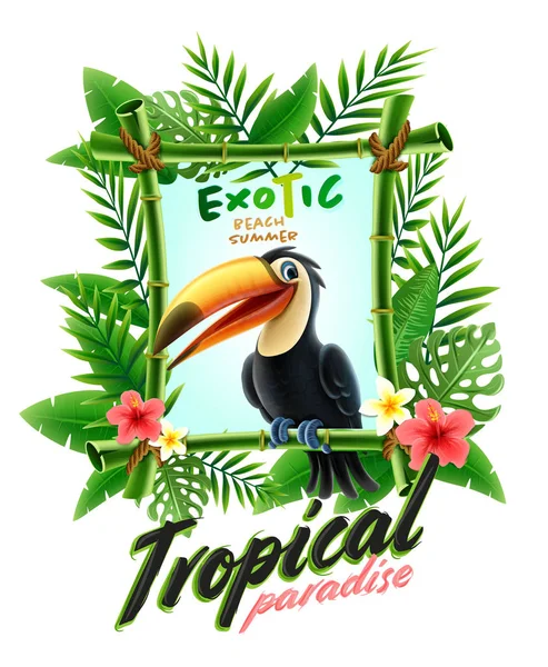 Tropikal Çerçeve Egzotik Yaprakları Toucan — Stok Vektör