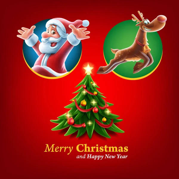 Merry Christmas Poster Met Santa Claus Herten Boom Rode Achtergrond — Stockvector