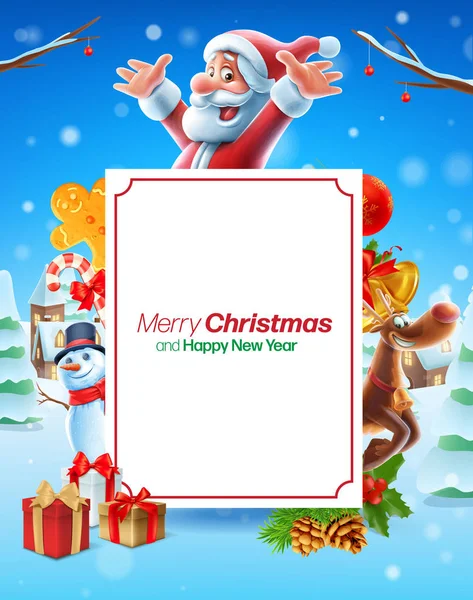 Счастливого Рождественского Плаката Санта Клаусом Снеговиком Оленем Перьями Безделушками — стоковый вектор