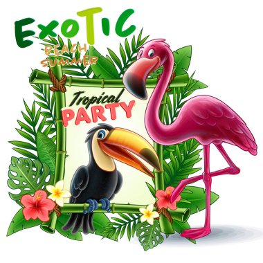 egzotik yaprakları, Tukan ve flamingo tropikal çerçeve yapılmış 