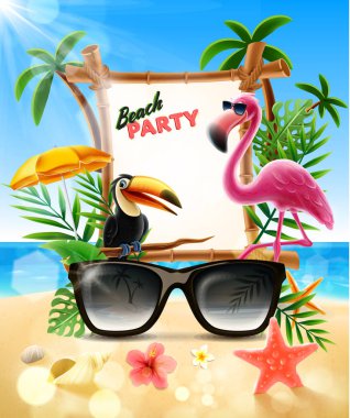 egzotik yaprakları, Tukan ve flamingo tropikal çerçeve yapılmış 