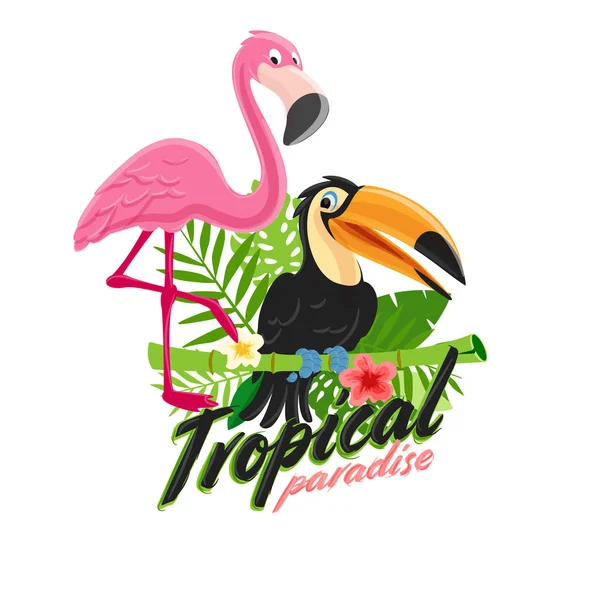 Egzotik Yaprakları Tukan Flamingo Tropikal Çerçeve Yapılmış — Stok Vektör