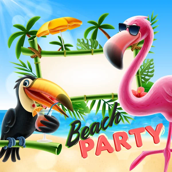 egzotik yaprakları, Tukan ve flamingo tropikal çerçeve yapılmış 