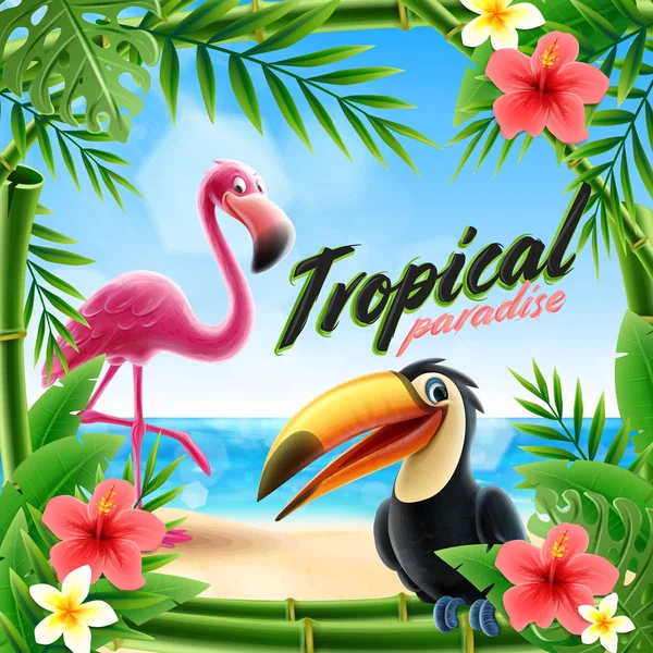 Cornice Tropicale Fatta Foglie Esotiche Tucano Fenicottero — Vettoriale Stock